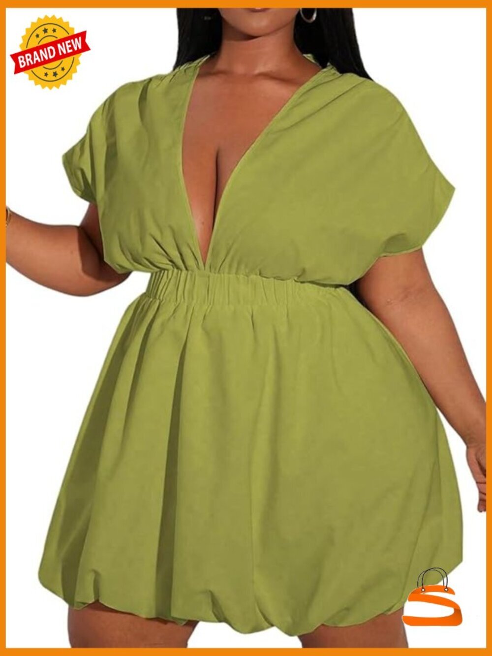 Plus Size Deep V Neck Bubble Dress Short Sleeve A Line Mini Dress